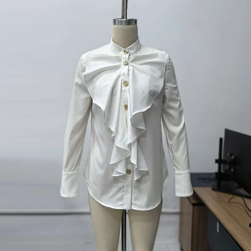 

New Arrival Solid White Stand Blouses Women long sleeve Blouses
