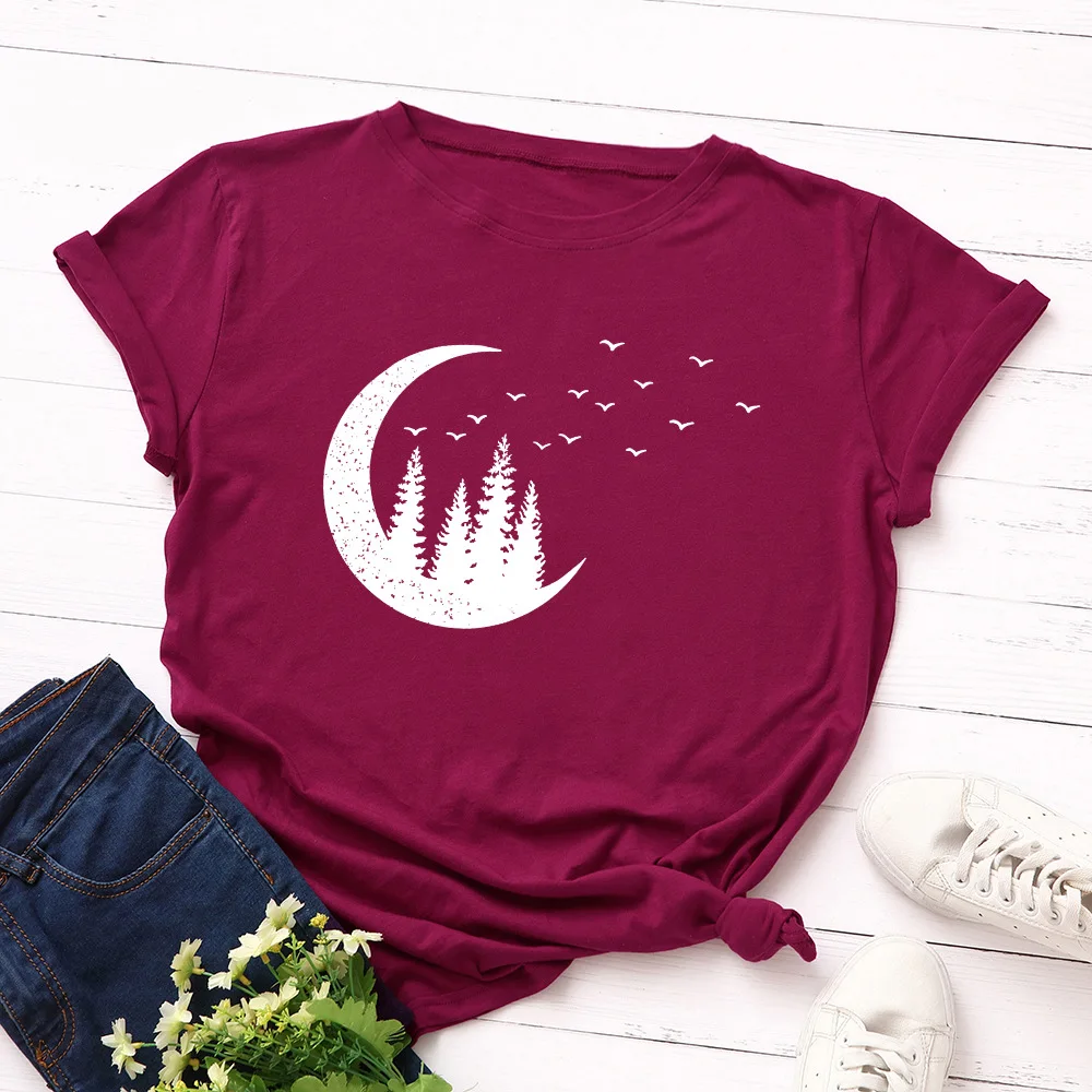 JFUNCY 100% Cotton Summer Tshirt  Creative Moon Forest Print Women T-Shirt Short Sleeve Woman Tee Tops Female T Shirt