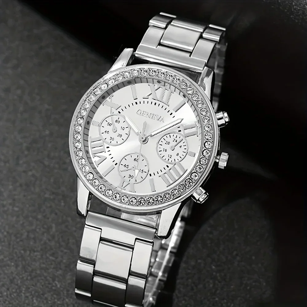 Rhinestone Decor Quartz Watch Casual Roman Numeral Analog Wristwatch & 5pcs Jewelry Set, Gift For Mom/Girlfriend