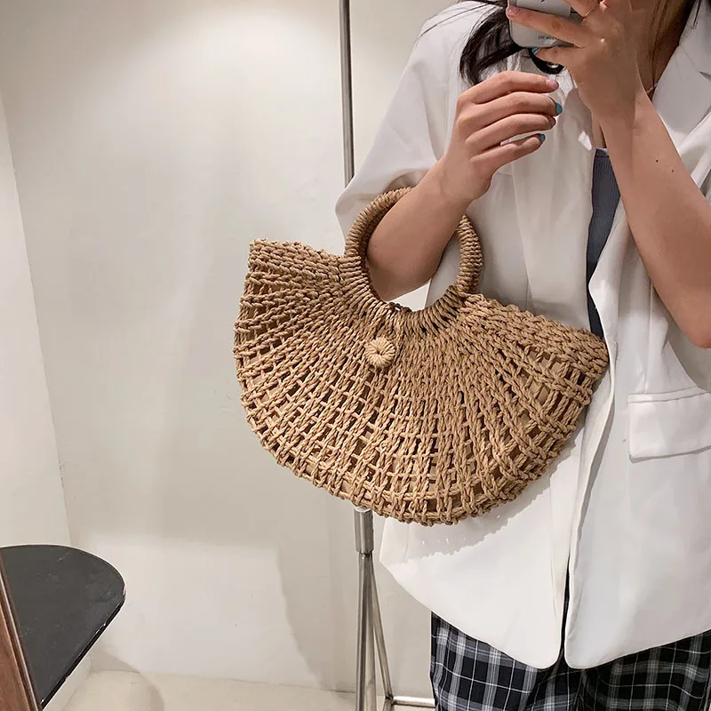Summer Moon Shape Handmade Bag Half-moon Straw Beach Bag Travel Handmade Handle Bag Rattan Shopping Basket Bag Totes Bolsa