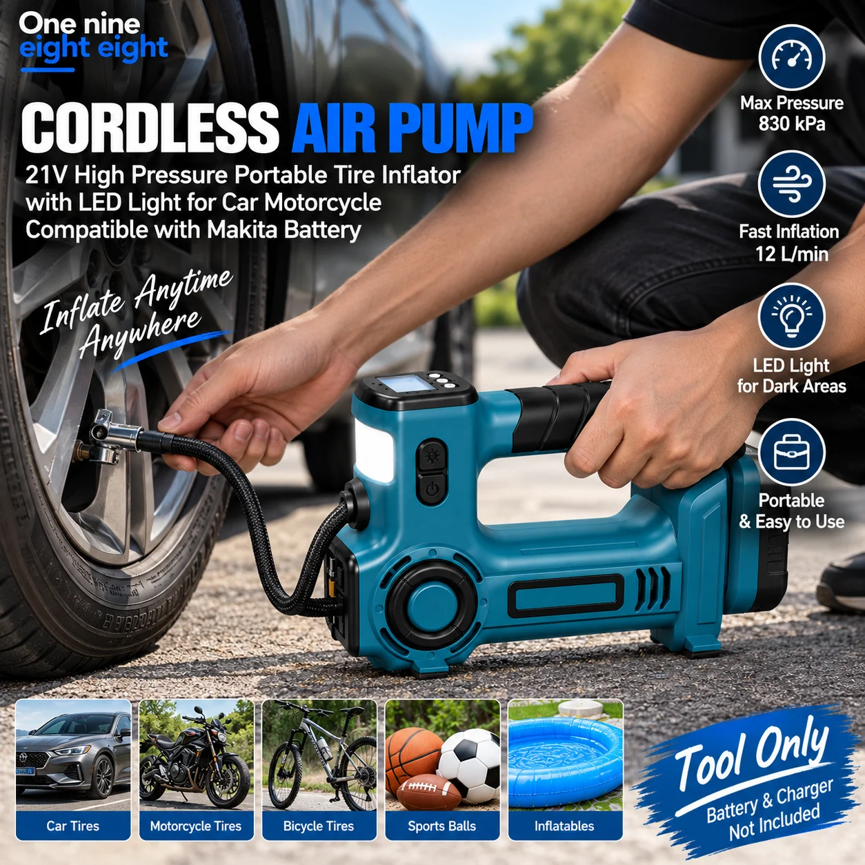 21V Cordless High Pressure Air Pump Portable Tire Inflator with LED Light for Car Motorcycle Compatible with Makita Battery Tool