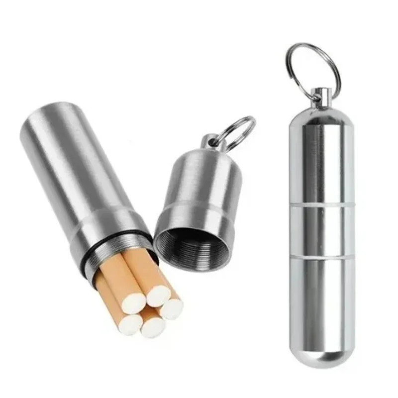 1/2Pcs Waterproof Cigarete Case Silver Aluminum Alloy Cigarette Box Pill Toothpick Capsule Holder With Keychain Mens Gift