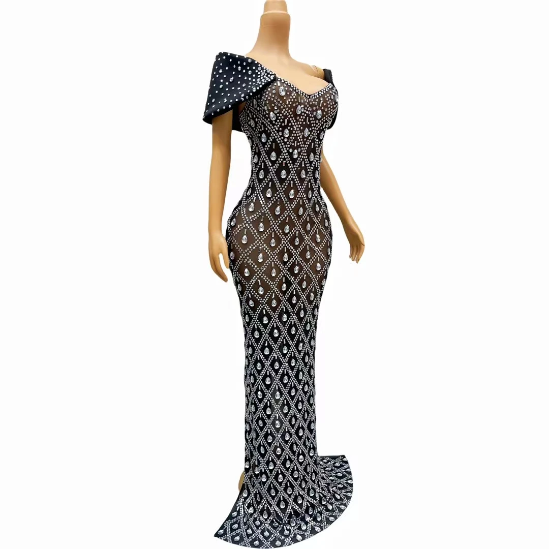 Diamonds Women Celebrate Floor Length Dresses Birthday Party Dresses with Shawl Sexy Black Girl Prom Gala Formal Gowns Chuilian