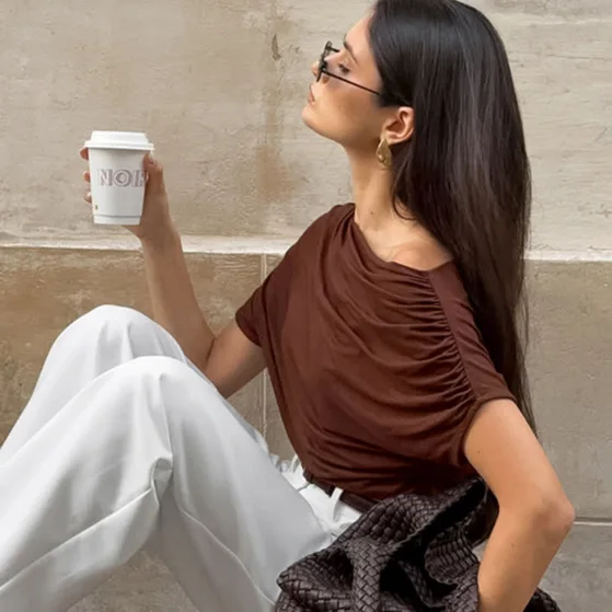 New Women's Off Shoulder Draped Short Sleeve T‑Shirt Loose Fit Silky Soft Breathable Comfortable Casual Commute Daily Wear Top