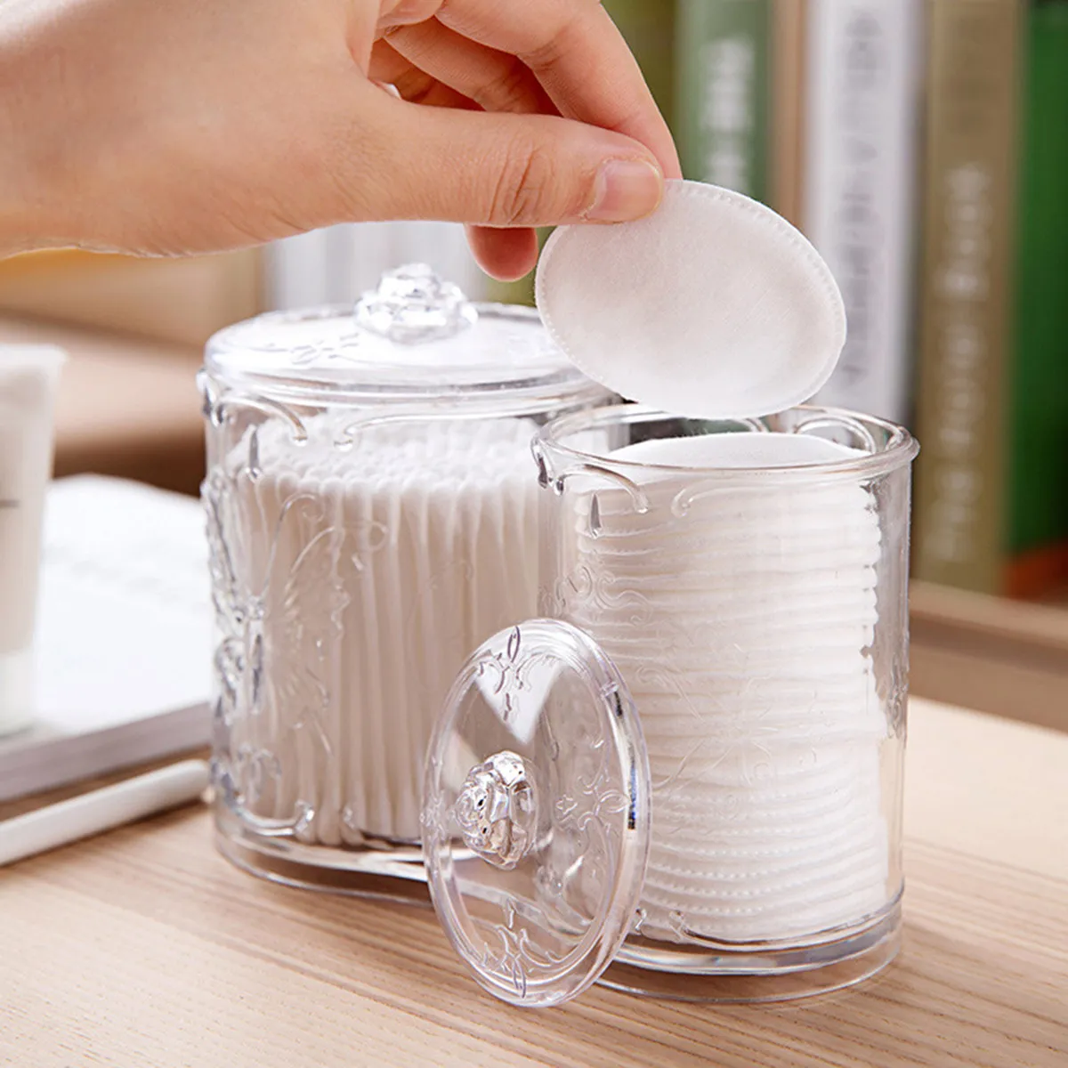 1Pcs Round Acrylic Storage Container Set Dual Section Transparent Desk Organizer for Makeup Brushes Cosmetics Cotton Swabs Pens
