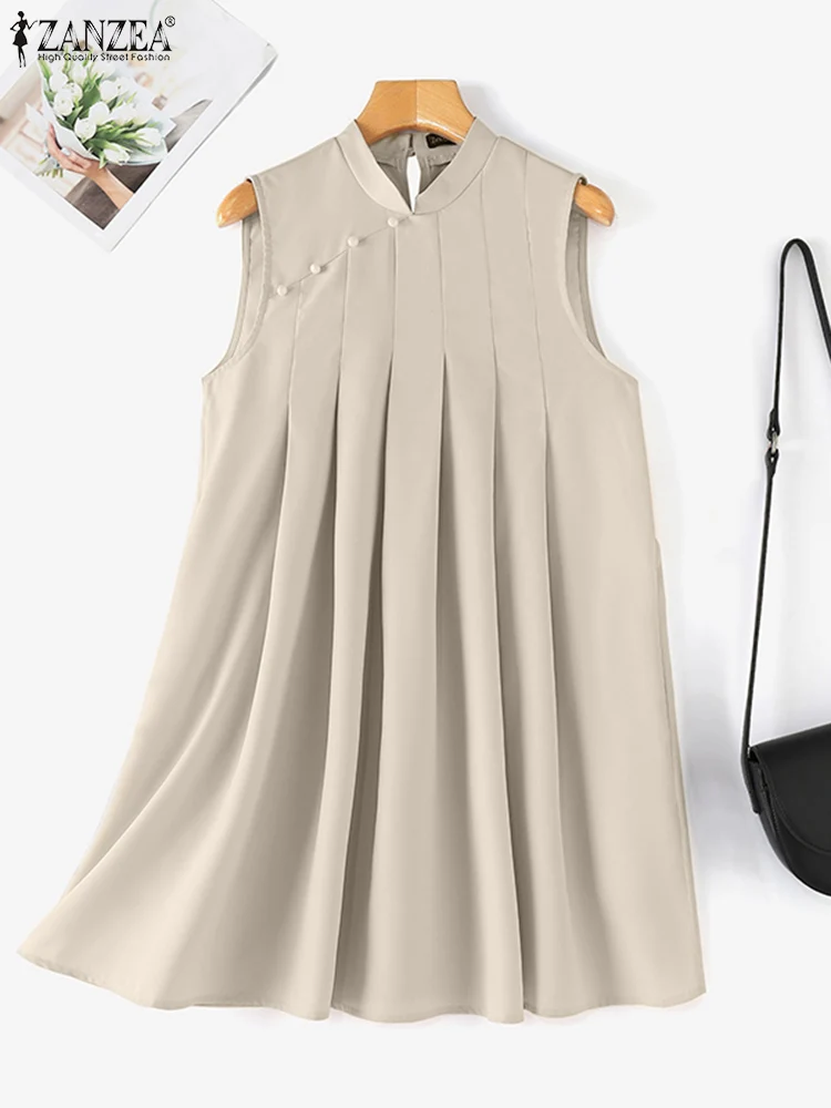 ZANZEA 2024 New Chinese Dresses Women Solid Pleating Sundress Vintage Mandarin Collar Robe Fashion Sleeveless A-line Vestidos