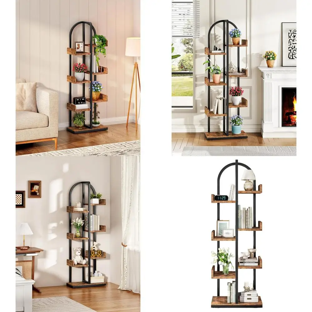 

6-ярусная изогнутая угловая книжная полка с защитой от опрокидывания, регулируемыми ножками, полками разной высоты, в стиле рустик (коричневый и черный) для дома и офиса.