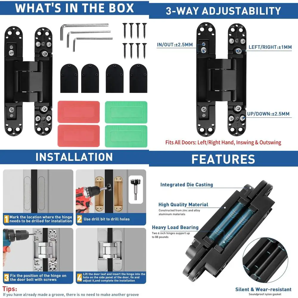 

6-дюймовые скрытые петли из цинкового сплава для распашных дверей на 180 градусов, 3-сторонняя регулировка, черные (2 шт.)