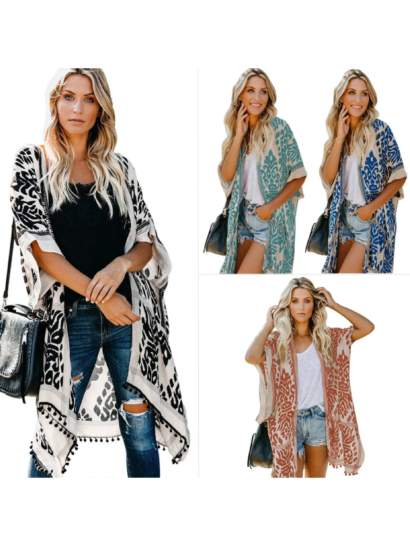 

Dw 2025 Bali Beach Vacation Cardigan Short Sleeve Printed Pompom Kimono Cardigan Mid-length Jacket Women