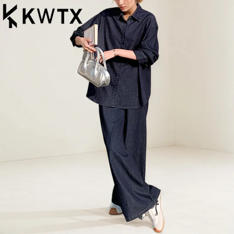 

KWTX 2025 Spring Summer Women’s Vintage Denim Shirt Sleeveless Vest Wide Leg Pants 3PC Set Retro Designer Co-ord Set Casual