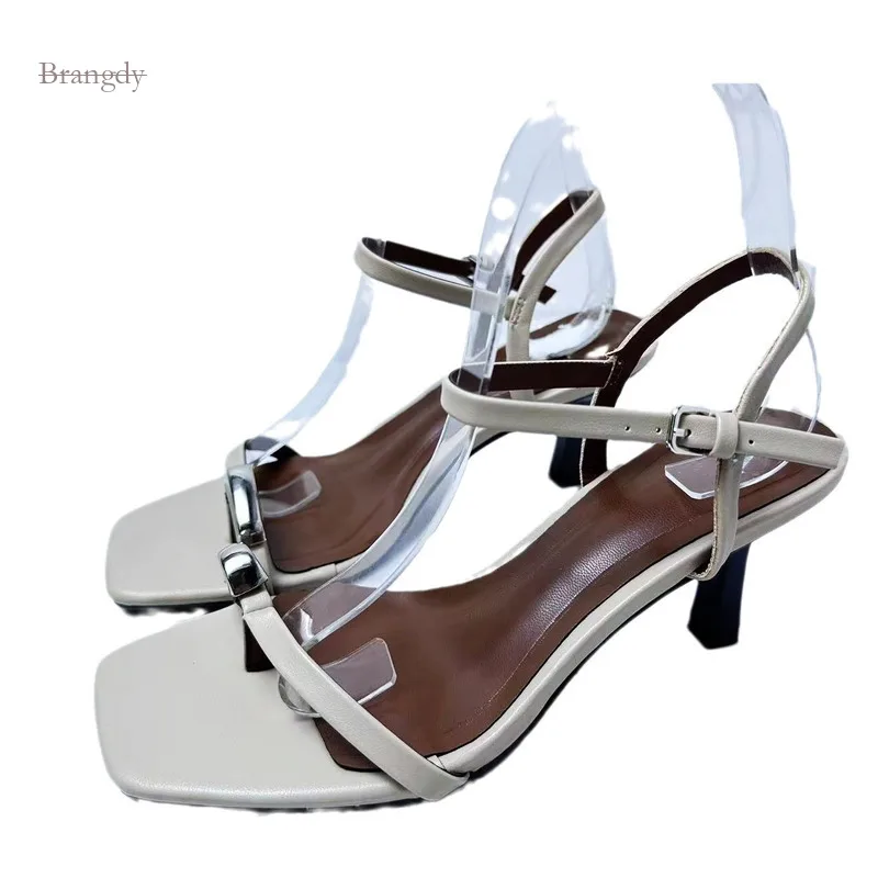 Exquisite Summer New Square Headed Pinch Toe Metal Ornament Sexy High Heels Casual One Line Buckle Thin Heel Slippers for Women