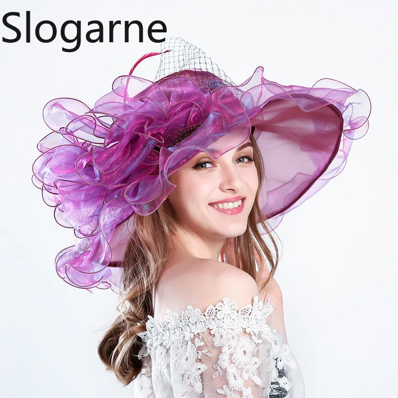 Elegant Flowers Organza Sunhats Women Silk Wide Brim Wedding Party Hat Ruffles Sunscreen French Outdoor Vintage Hat Fedoras Caps