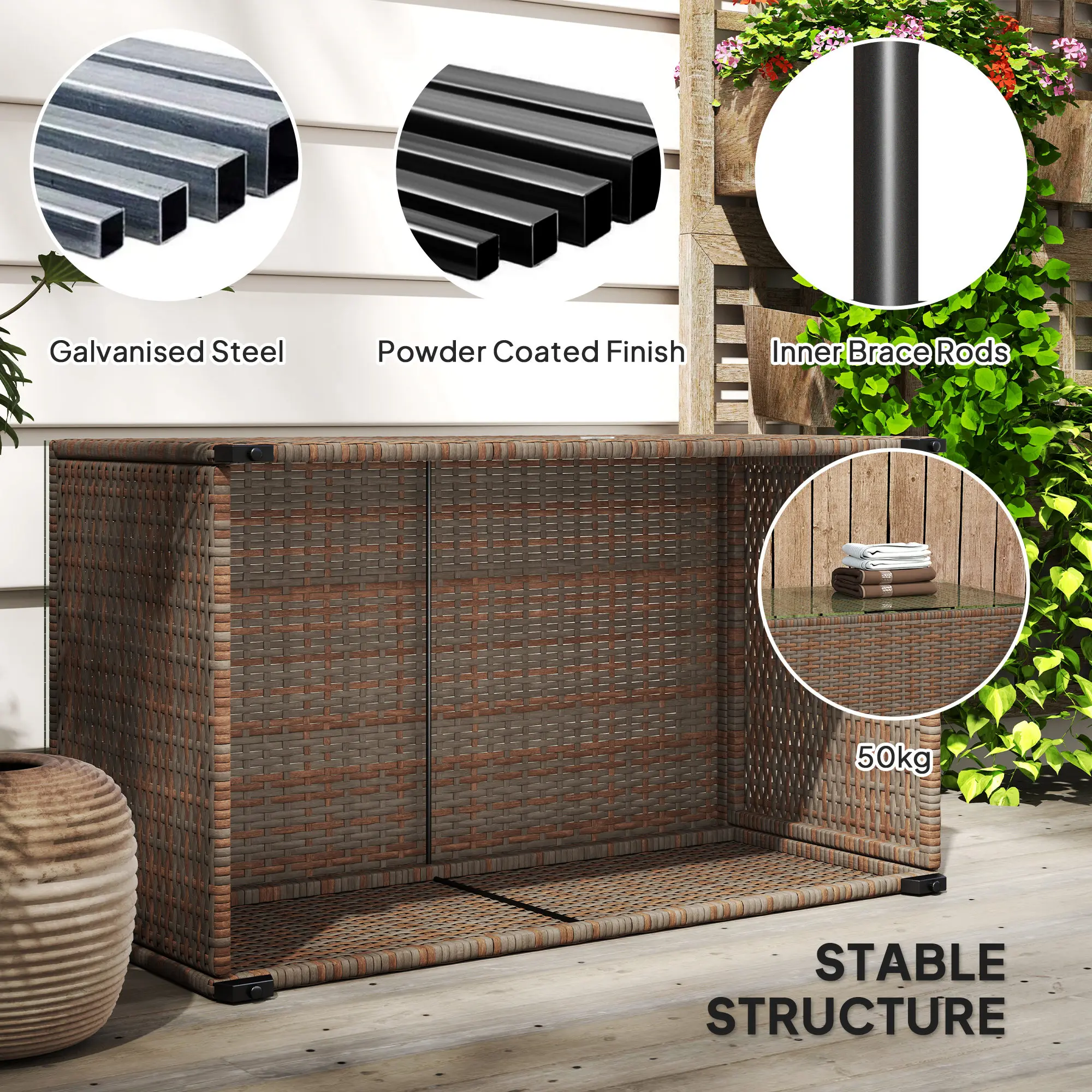 Outsunny Outdoor Coffee Table, PE Rattan Side Table with Tempered Glass Top, Wicker Square Garden Coffee Table End Table