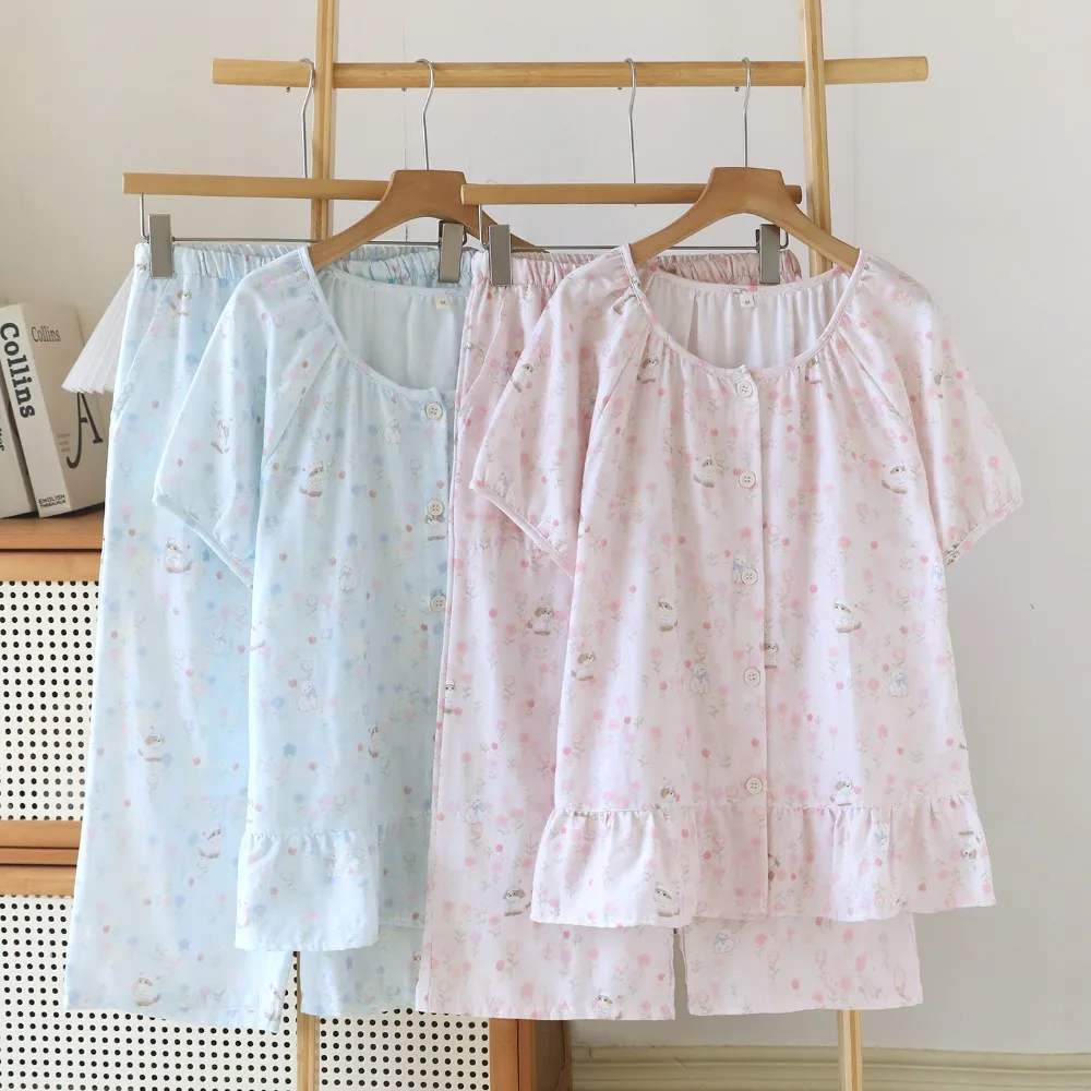 Summer Button Down Tops with Shorts Pijama Soft Sleepwear Lounge Wear Thin 2 Piece Set Loungewear Suit Night Wear for Ladies