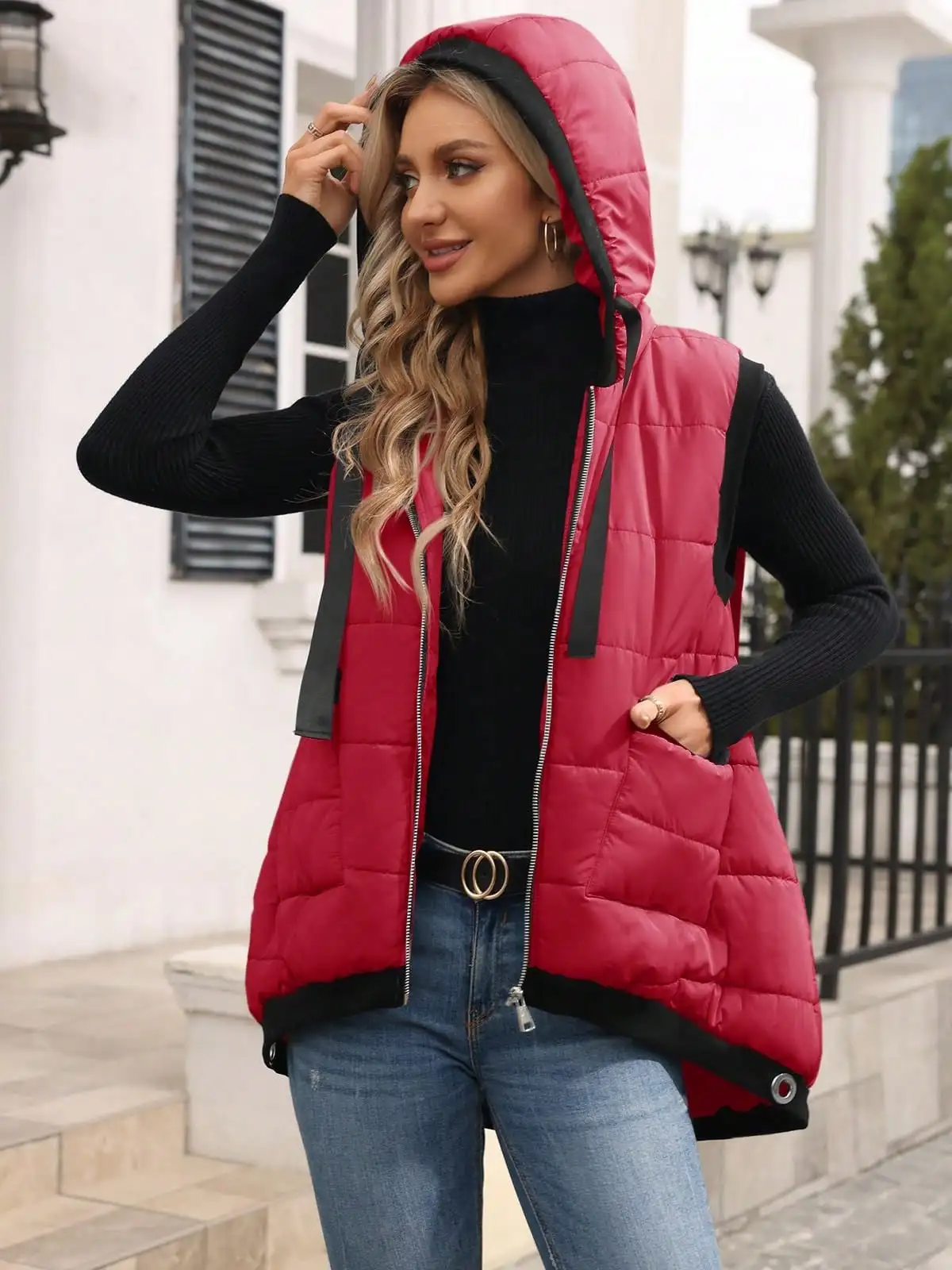 여성용 후드 아우터 조끼 가벼운 지퍼업 패딩 조끼 주머니 포함
