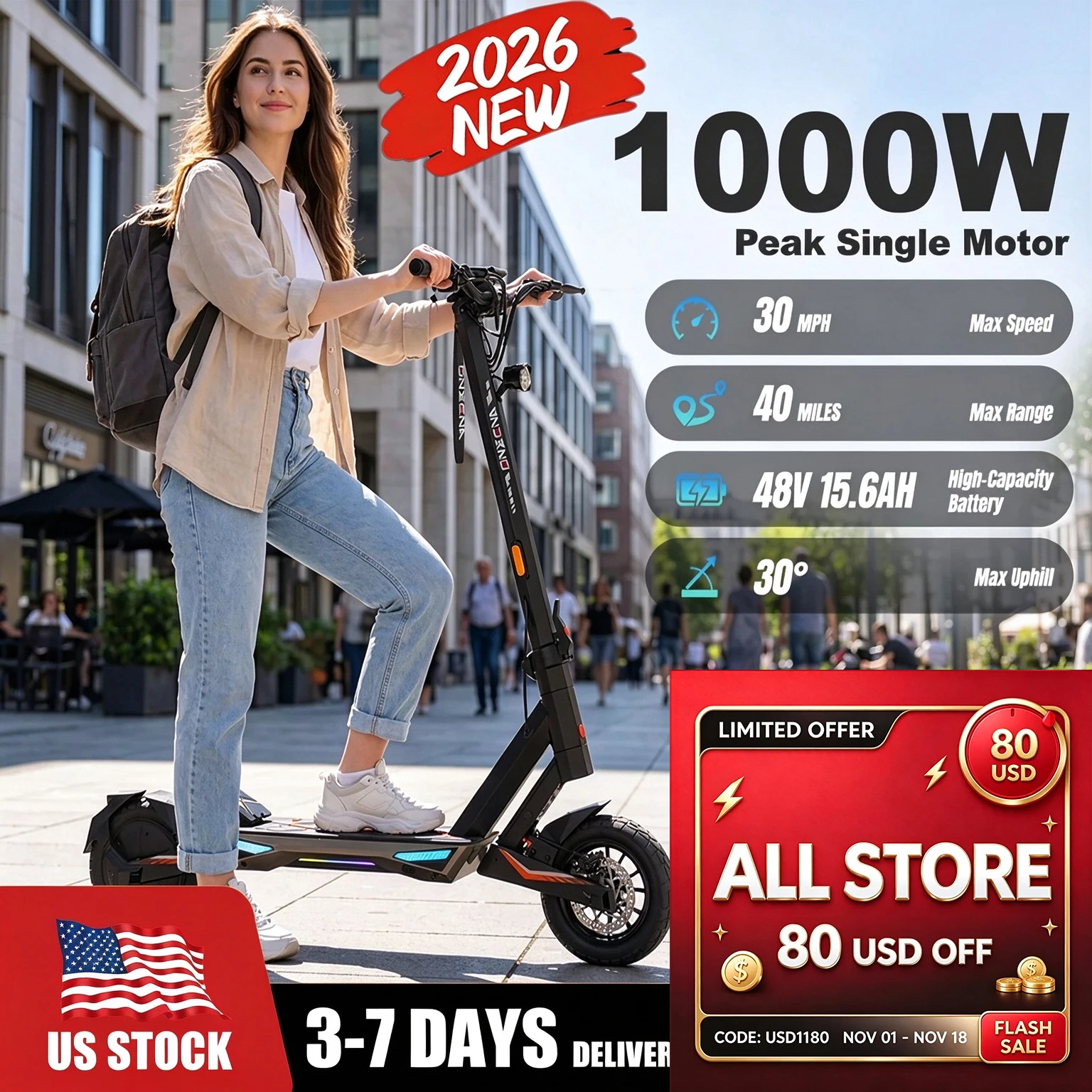 ONECNA T3por T3 1500W 1000W Motor Electric Scooter for Adults, 30mph Top Speed, 40Miles Long Range, Lightweight Foldable Frame, Dual Suspension, 10 Inch Fat Tires E-Scooter