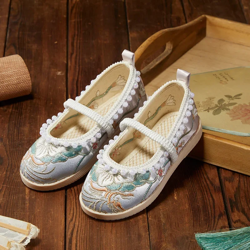 Girls' Flat Shoes National Style Kids Embroidered Princess Cloth Shoes Fashion Sweet Children's Causal Hanfu Performance Shoes