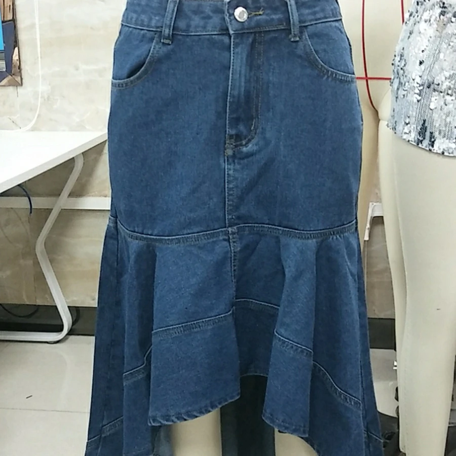 

2025 Women's Vintage Denim Asymmetrical Midi Skirt High and Low A Line Soild Jean Skirt for Summer Spring Autumn