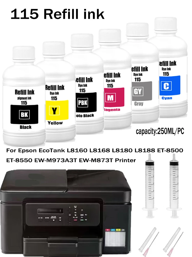 For Epson Refill Ink Kit 115 For Epson EcoTank  L8160 L8180 Printer 250ML Pigment Refill Ink Dye Refill ink