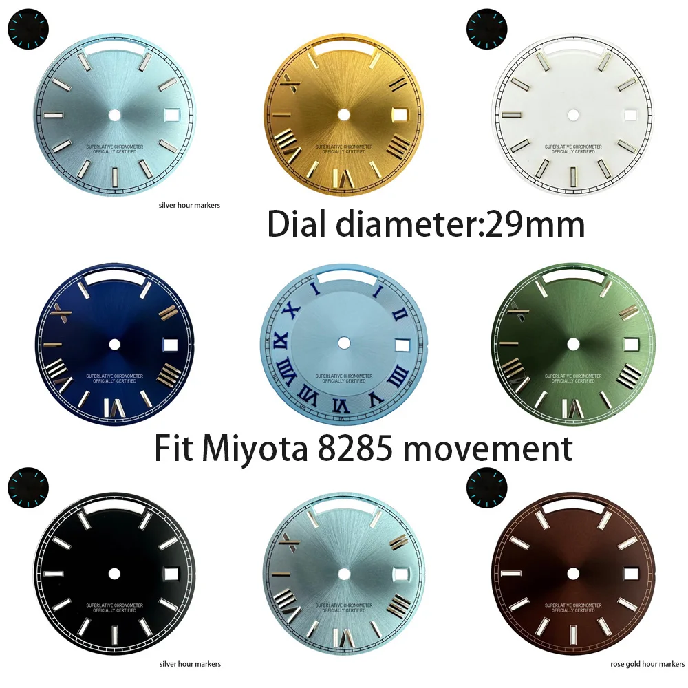 29-mm-Zifferblatt 8285, S-Logo, geeignet für Miyota 8285 Uhrwerk, 8285 blaugrün leuchtende Zeiger, goldblau-braunes Datumszifferblatt, passend