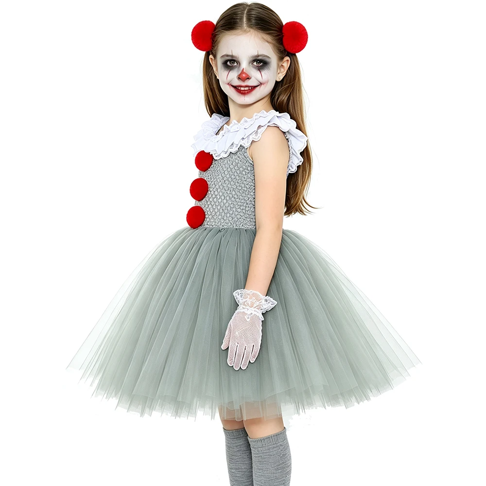 Grey Circus Clown Tutu Dress Red Pom Pom Decor Matching Headband Halloween Fluffy Tulle Skirt Soft Mesh Party Attire Ornament