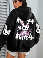 Mix And Match Cartoon Rabbit Prints Women Hoodie Pocket Streetwear Harajuku Loose Hoody All-Match Fleece Female Clothing