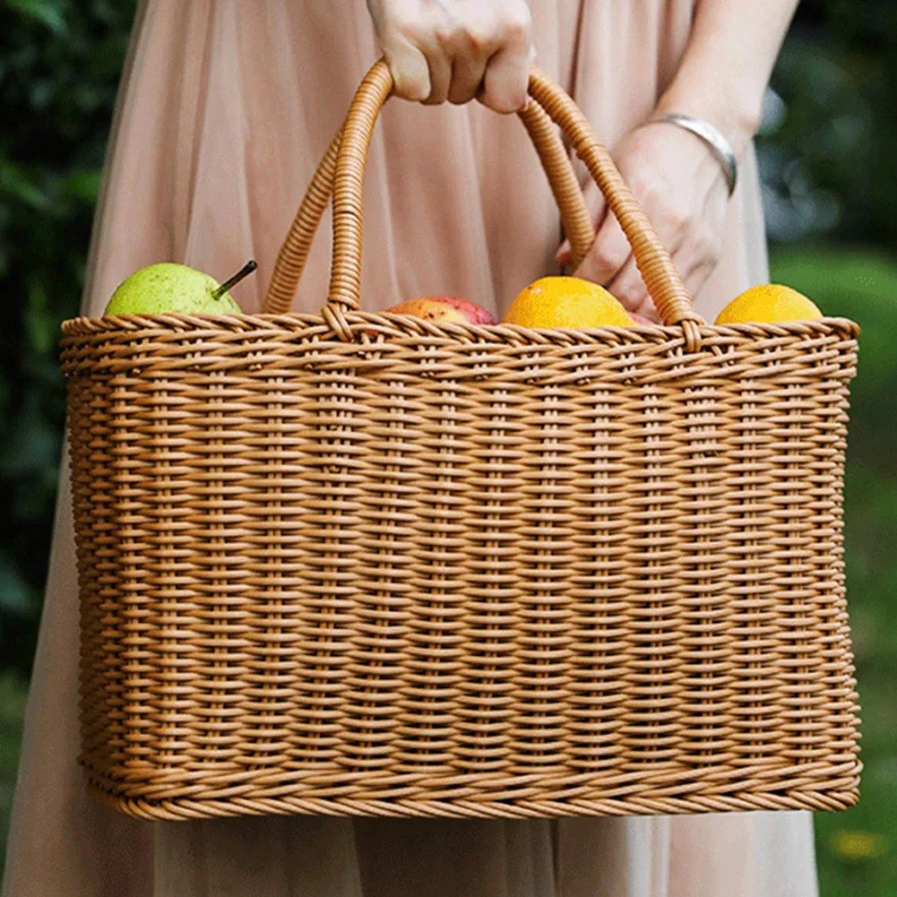 Cesta de compras para el hogar, cesta de verduras de mano, cesta tejida decorativa, cesta de arreglo de flores, bolsa de Picnic de ratán de imitación