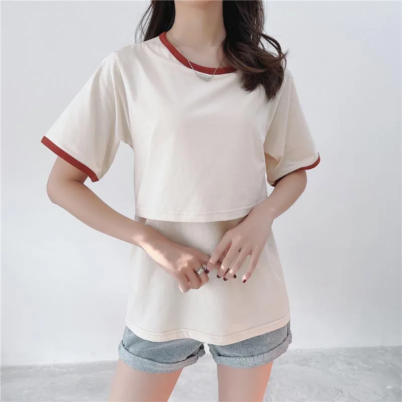 95% Cotton Maternity Mother Nursing Tees Breastfeeding Pregnancy Round Neck Short Sleeve Out Wear Nursing T-Shirt