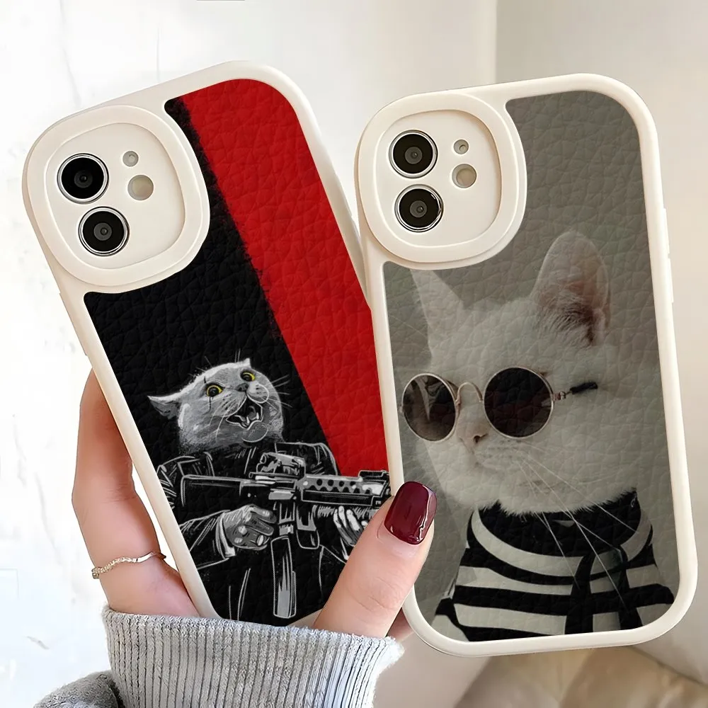 Cute Detective Gentleman Cat Phone Case For Iphone 15 14 12 13 Pro Max 11 Mini X Xr Xs Puls Lambskin Silicone Cover