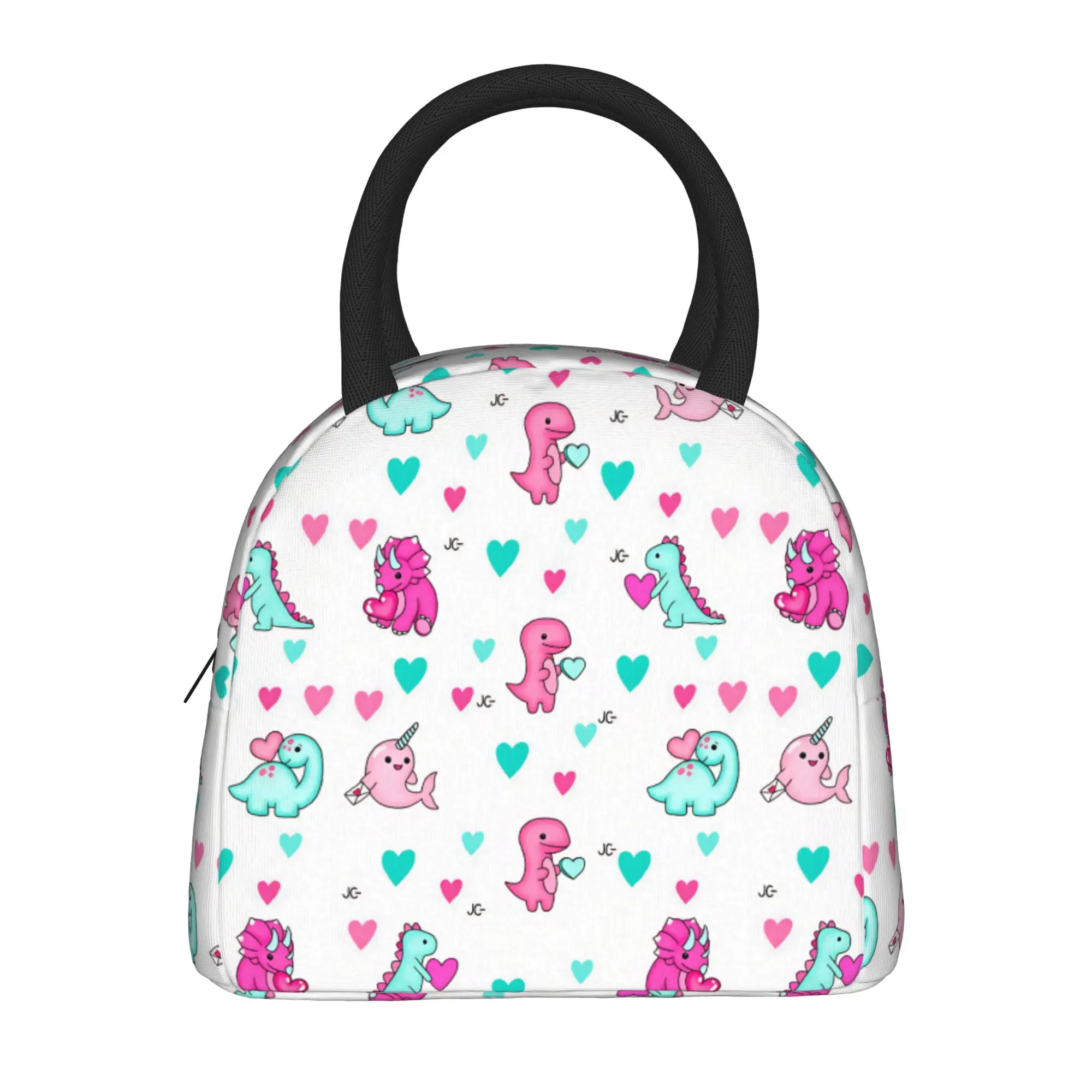 Love Heart Pink Blue Dinosaur Print Lunch Bag Convenient Lunch Box Child Office Cooler Bag Retro Oxford Thermal Lunch Bags