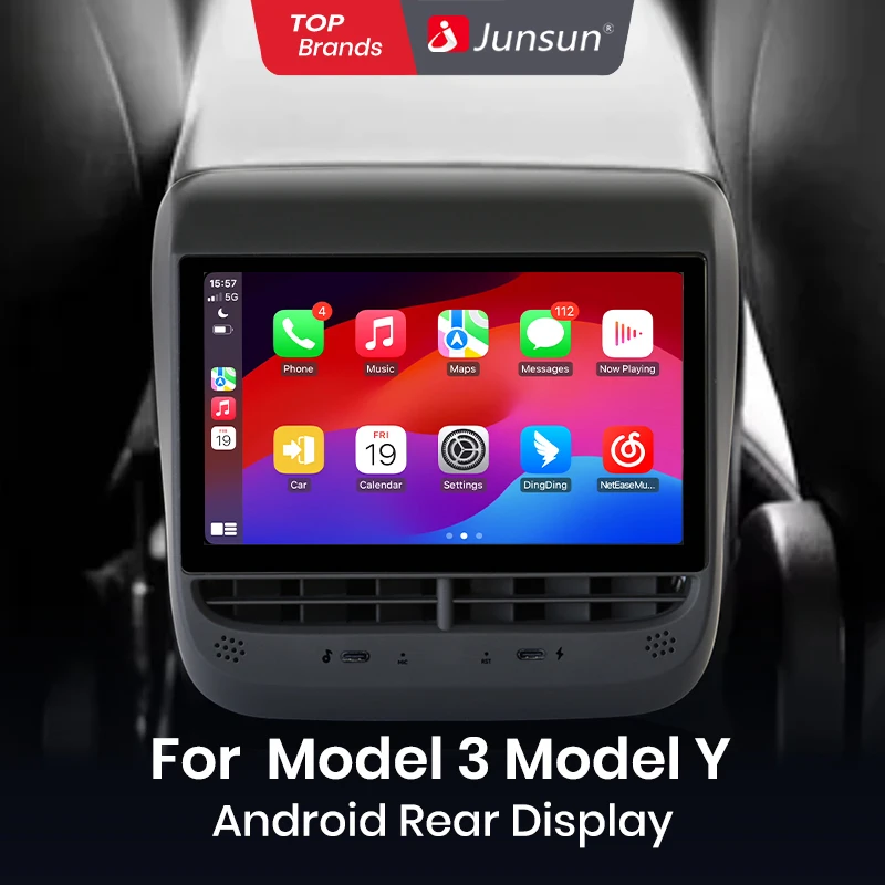 Junsun Android CarPlay Auto autoradio pour Tesla modèle 3 2017-2023 modèle Y 2019-2024 affichage arrière de divertissement et de contrôle du climat