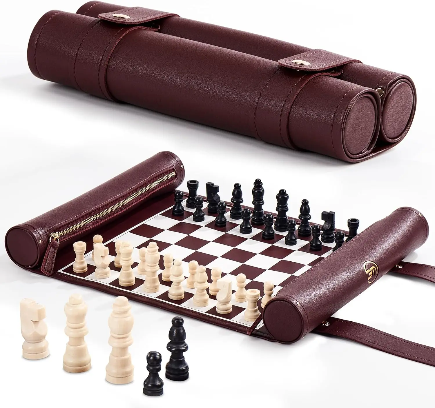 

Roll Up Chess Set 11' Foldable Leather Mat with Wooden Pieces - Portable Travel Chess with Straps - Wine