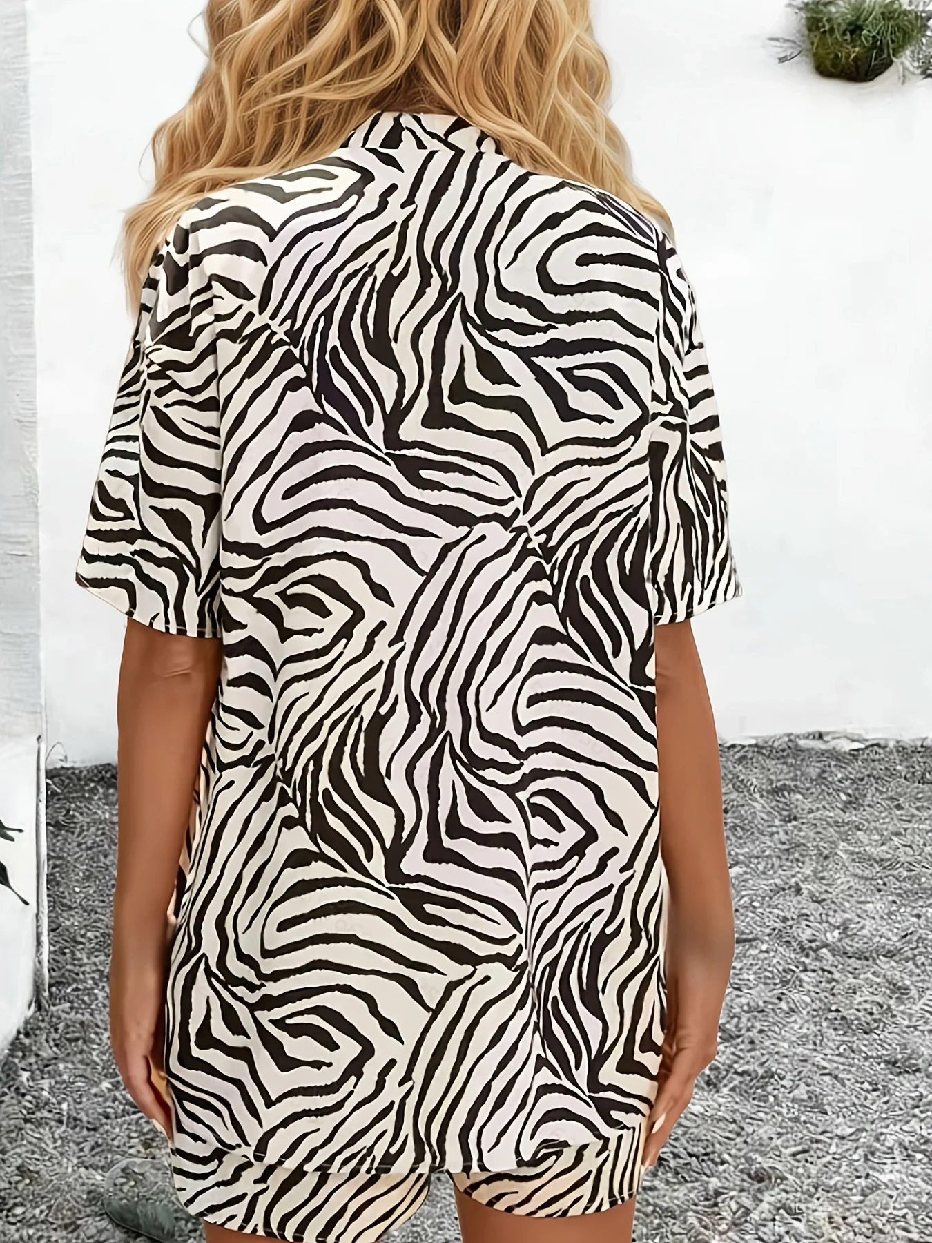 Zebra Print Pattern Casual Two-Piece Set Short-Sleeved Cardigan Top Drawstring Shorts Casual Summer Suit