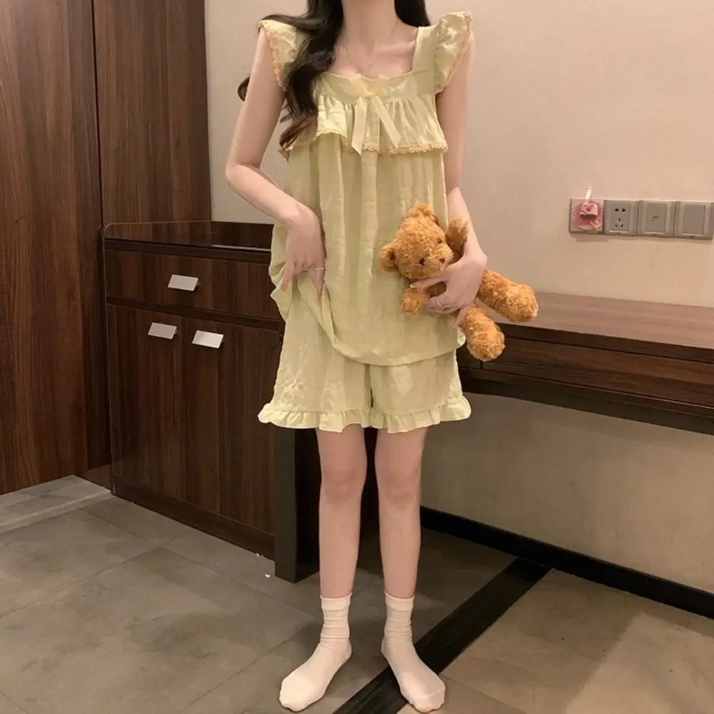 Casual Bowknot Sweet Pajamas Set Ruffle Summer Camisole Shorts Nightdress Homewear with Bra Pad Sleeveless Nightwear Sleep