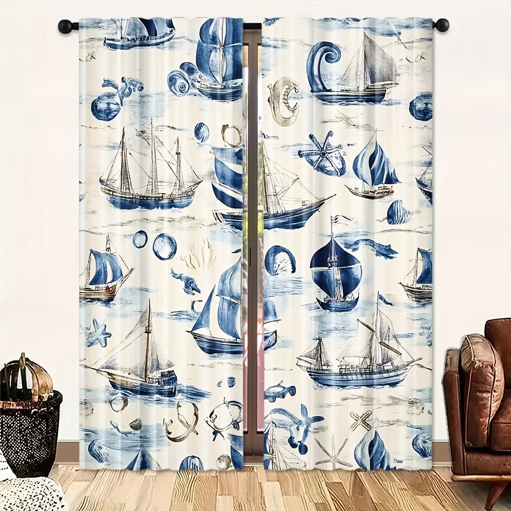 2pcs Nautical Blue Ocean Boat Pattern Curtains Window Drapes Coastal Maritime Style Beach Window Treatments for Home Decor