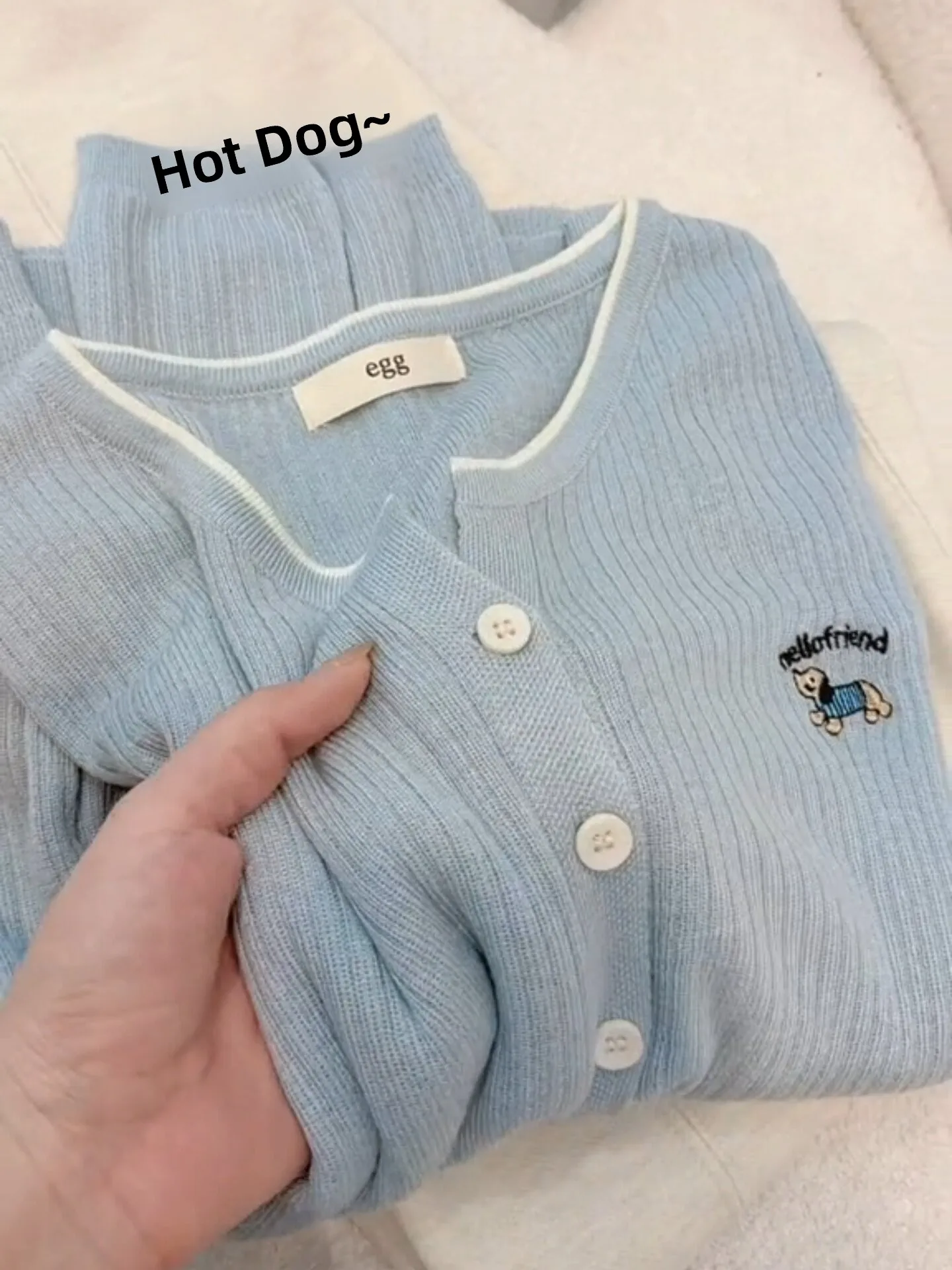 

Spring 2026 Blue Knitted Embroidered Sausage Dog round Neck Button Design Versatile Age-Defying Women's Open Cardigan Top