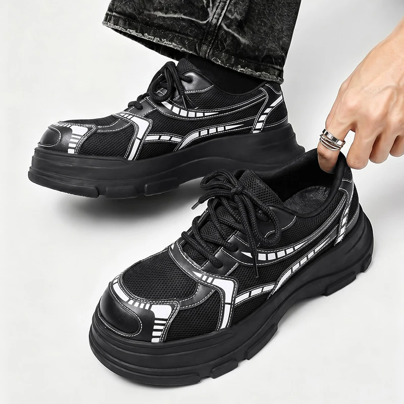 Men Black Derby Shoes Autumn Winter Thick Sole Height‑Increasing British Style Anti‑Slip Wear Resistant Big Toe Leather Shoes