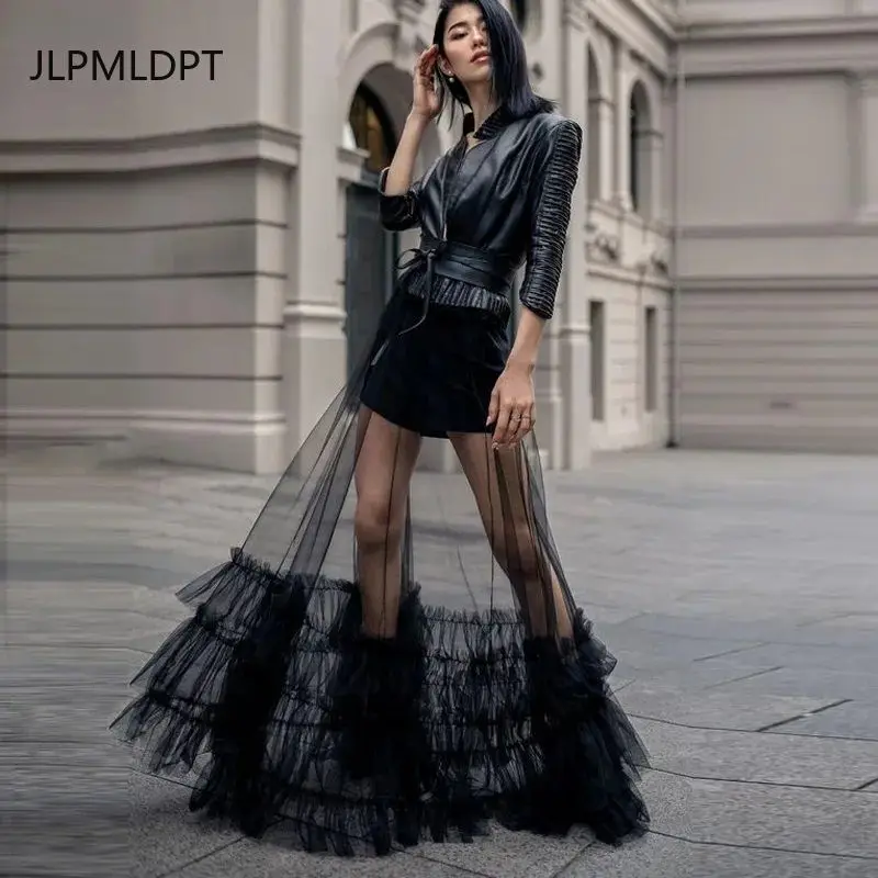 

Black single-layer new splicing design cake long high-waisted mesh lace gauze skirt waste earth style