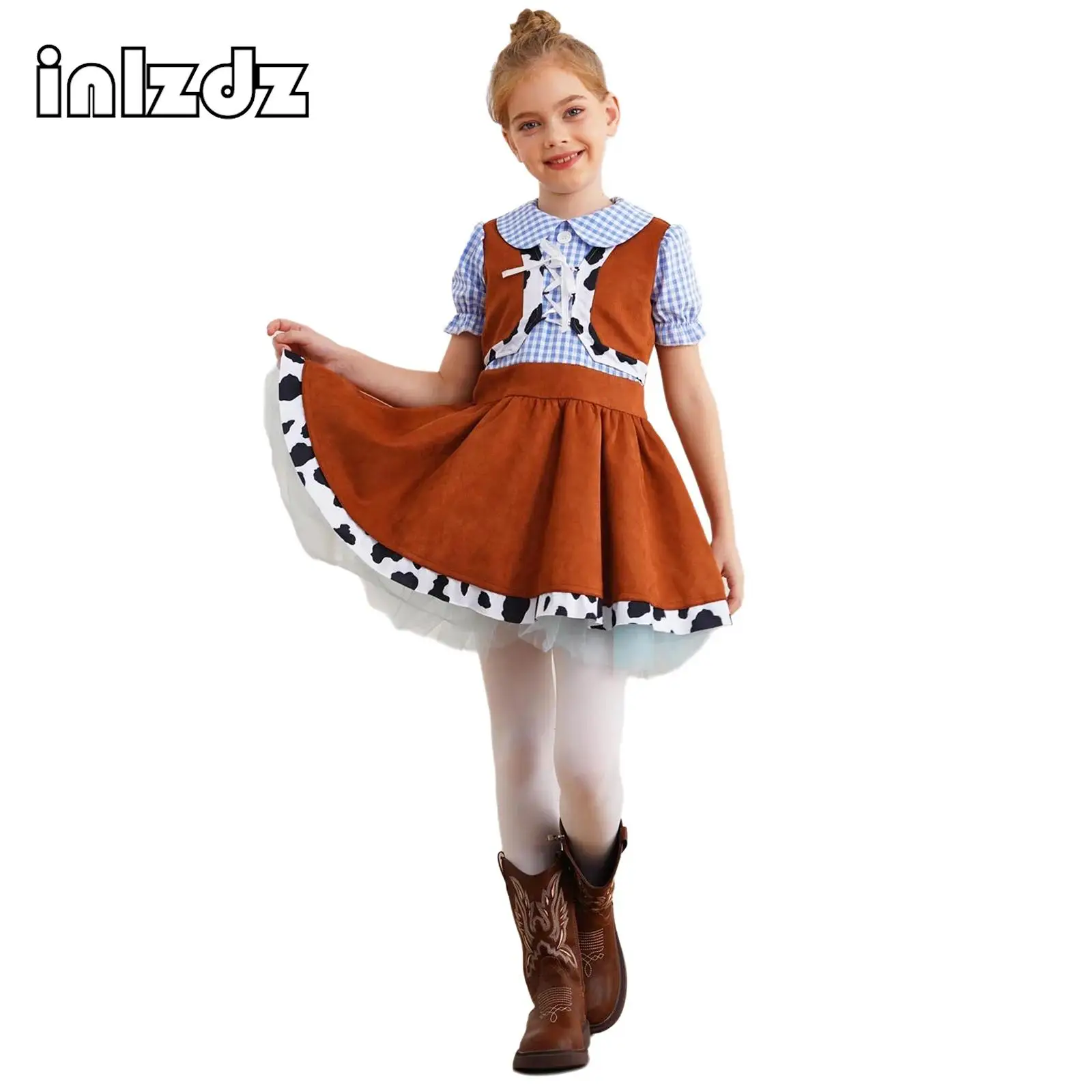 

Girls Carnival Western Cowboy Cowgirl Costume Puff Sleeve Cow Print Ginghams A-line Dress Halloween Cosplay Dress Up Costume