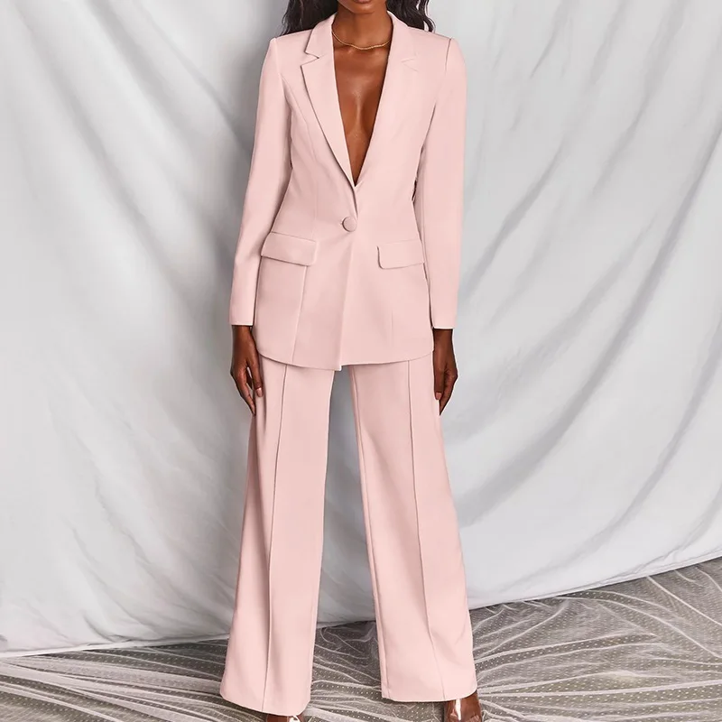

Fashion Lapel Long-sleeved Suit Coat + Wide-leg Pants 2-piece Set For Women Spring Autumn Elegant Solid Color Office Suit Female