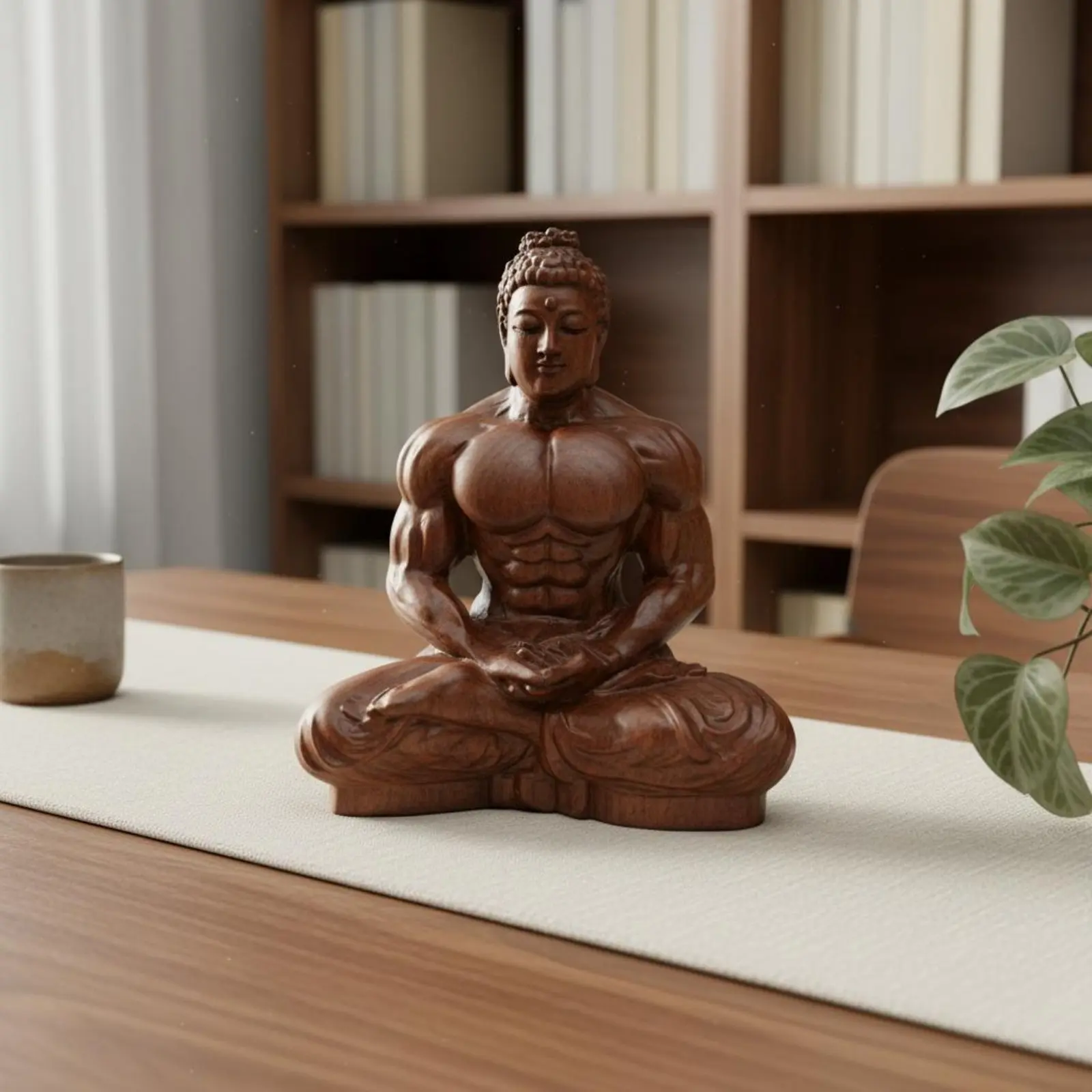 Seated Muscle Buddha Figurine Creative Gift Wooden Bodybuilder Buddha House Decoration Dense Wood for Office, Meditation Room