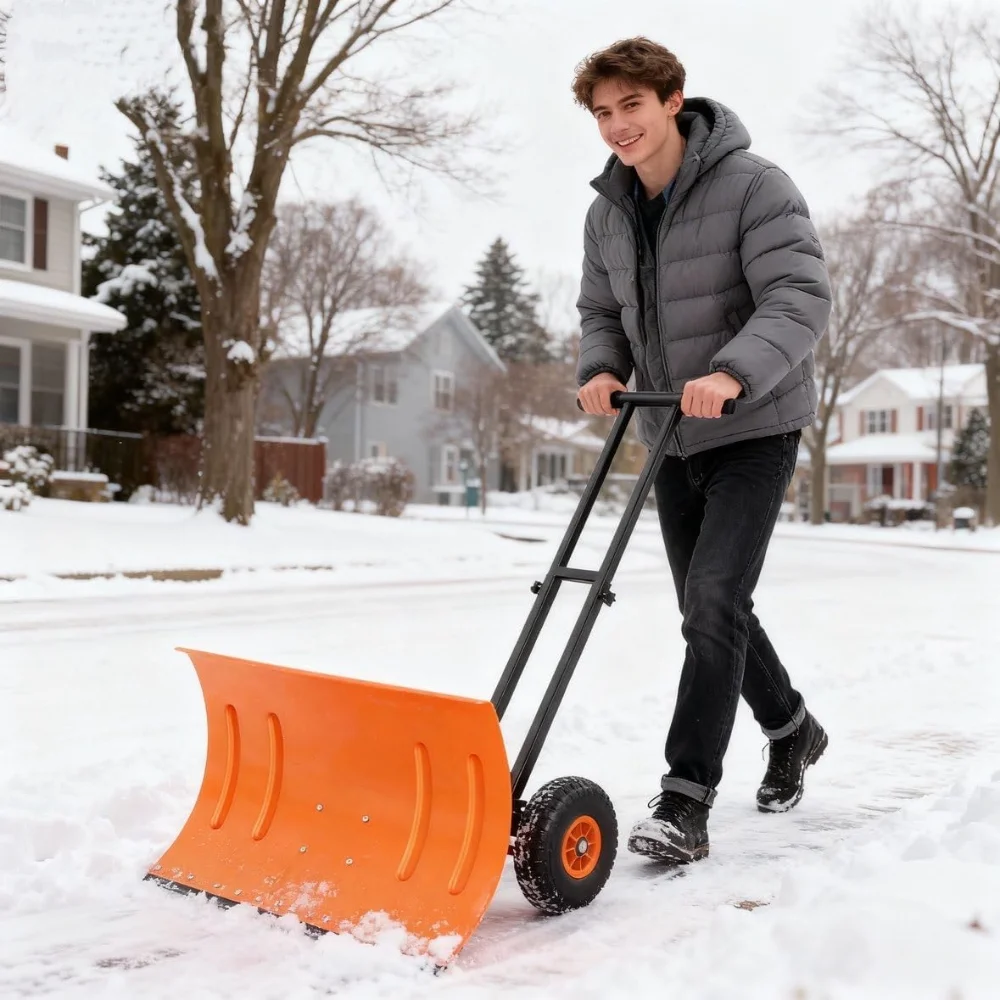 

29" Heavy Duty Steel Snow Shovel with Wheels, Adjustable Angled Blade for Sidewalks