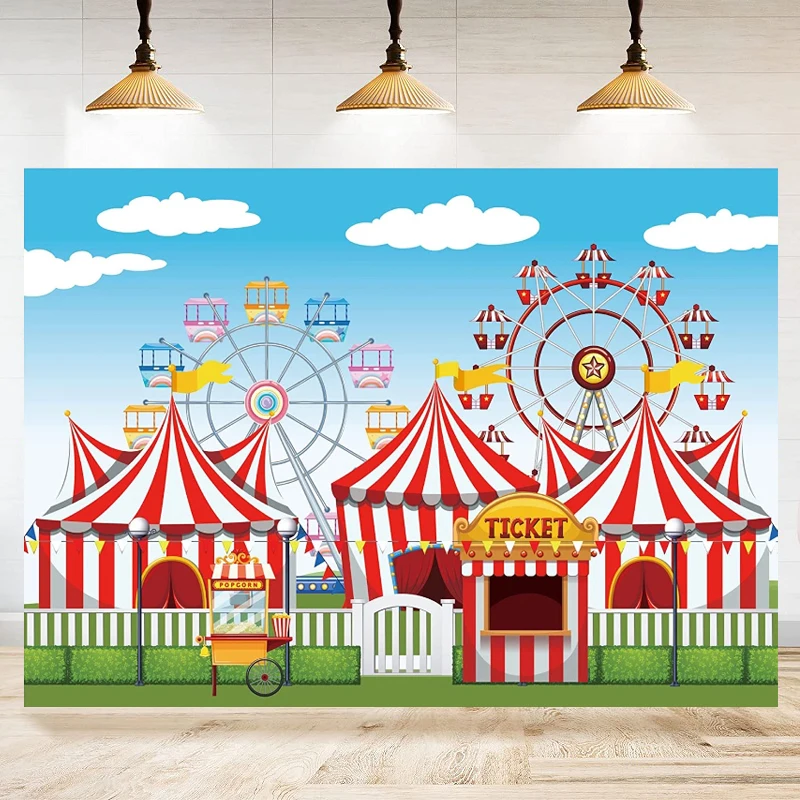 

Photography Red Circus Backdrop Amusement Park Tents Stratus Playground Carnival Carousel Background For Kids Birthday Party