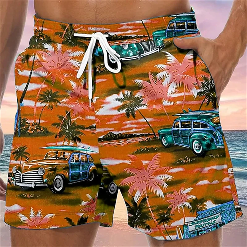 Vintage Car 3D Printed Mens Beach Shorts Woman Breathable Quick Dry Short Pants Fashion Coconut Tree Graphic Hawaii Swimsuit