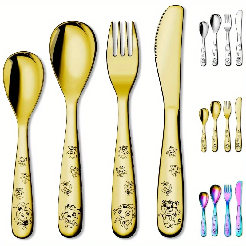 4 pieces stainless steel children's silverware set, mirror polished smooth round edge tableware set, silver/gold/rainbow