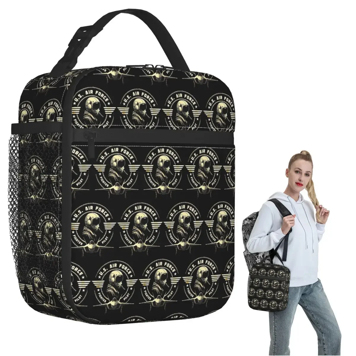 U.S. Air Force Fighter Pilot Military Aviation Vintage Insulated Lunch Bag Children Portable Food Boxes Thermal Lunch Box Tote
