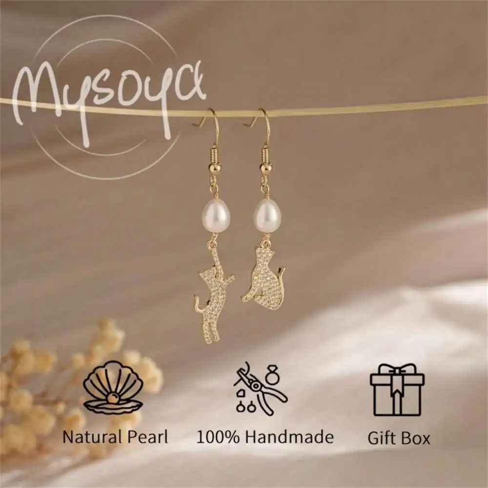 

MYSOYA Rice-shaped Freshwater Pearl Earrings With Asymmetric Cat Design Gift Box Gift for Her Wedding/Christmas/Birthday Gift