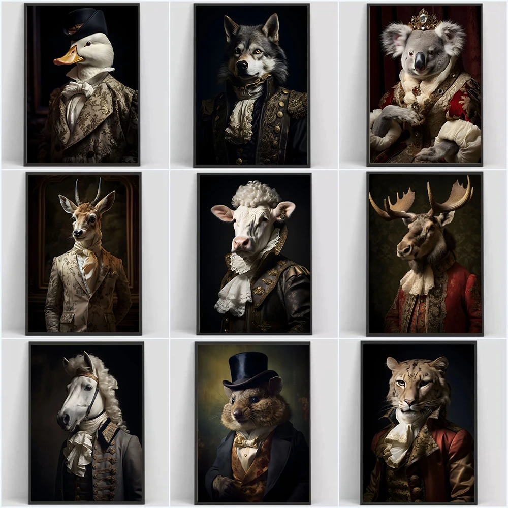 (2D Canvas Painting)  Aristocrat Animals Portrait Posters and Prints Vintage Art Canvas Painting Wall Art Pictures for Living