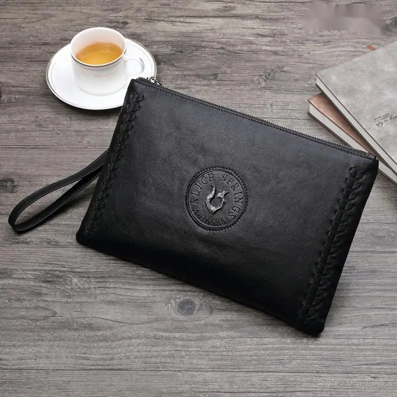 New Genuine Men's Clutch Luxury Men Bag Business Vegetable Tanned Messenger Leather Large Capacity Fashion Woven Pattern Handbag