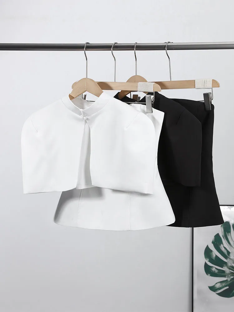 Halbrollkragen-Cape-Tube-Top-Anzüge für Damen, elegantes, kurzärmliges, schulterfreies Oberteil mit Taillenbetonung, schickes Büro-Outfit, Clubwear, Neu – Detail 3